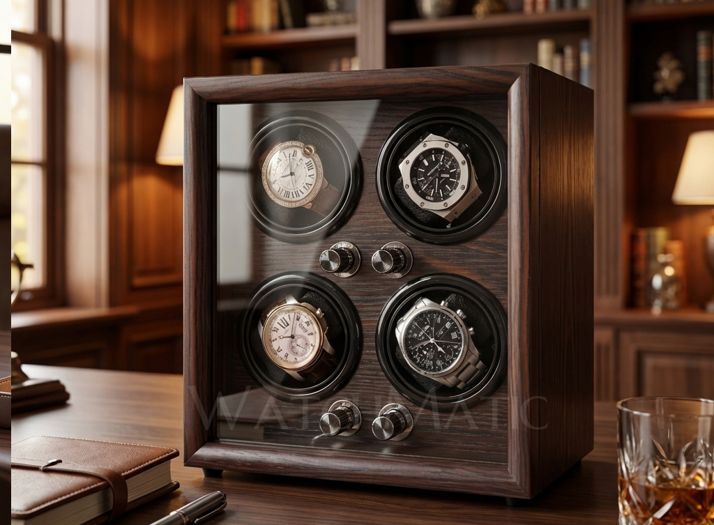 A high-end photo of multiple luxury watches (Rolex, Patek, etc.) inside a multi-rotor winder.