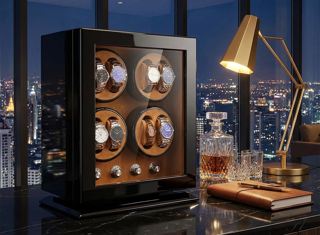 A professional WatchMatic multi-watch winder safe displaying custom rotation and TPD settings for a diverse luxury watch collection.